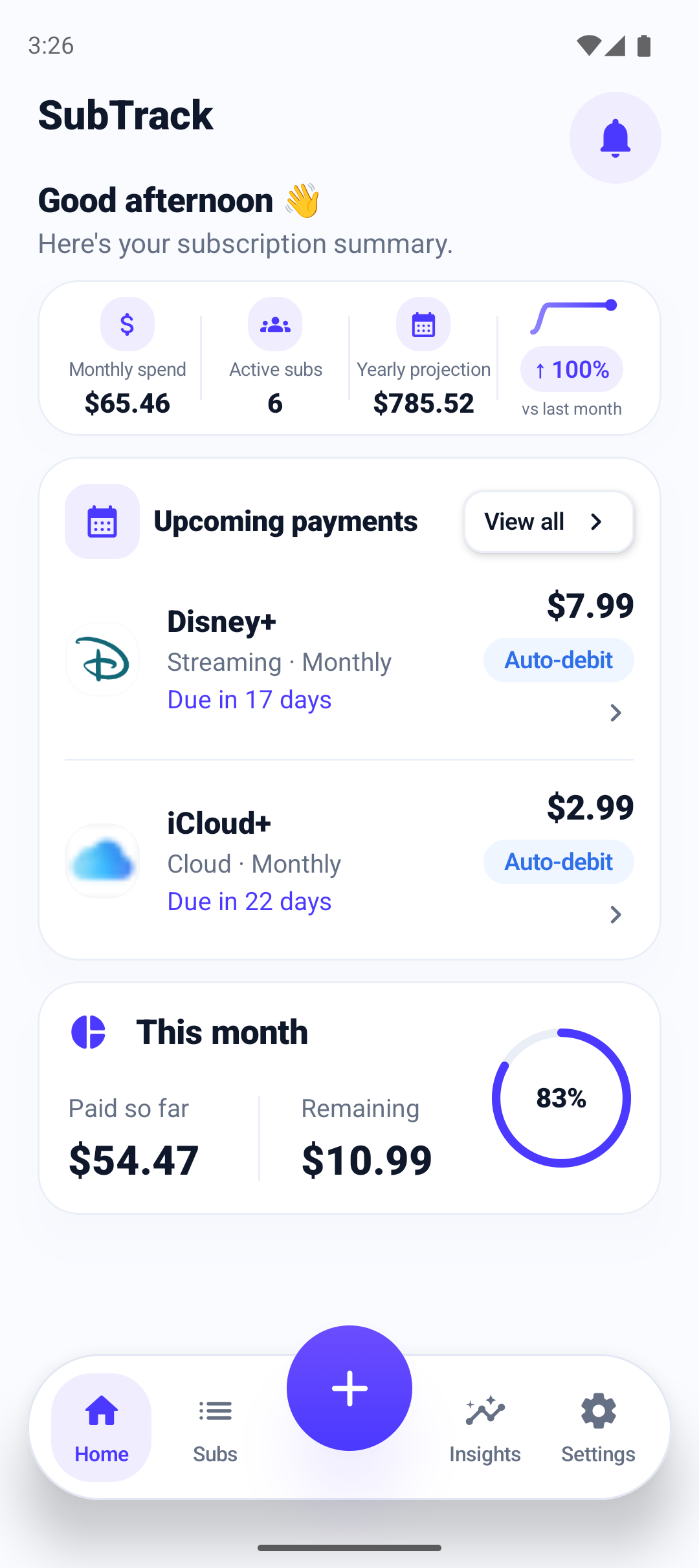SubTrack home screen in light mode showing upcoming renewals and monthly spending