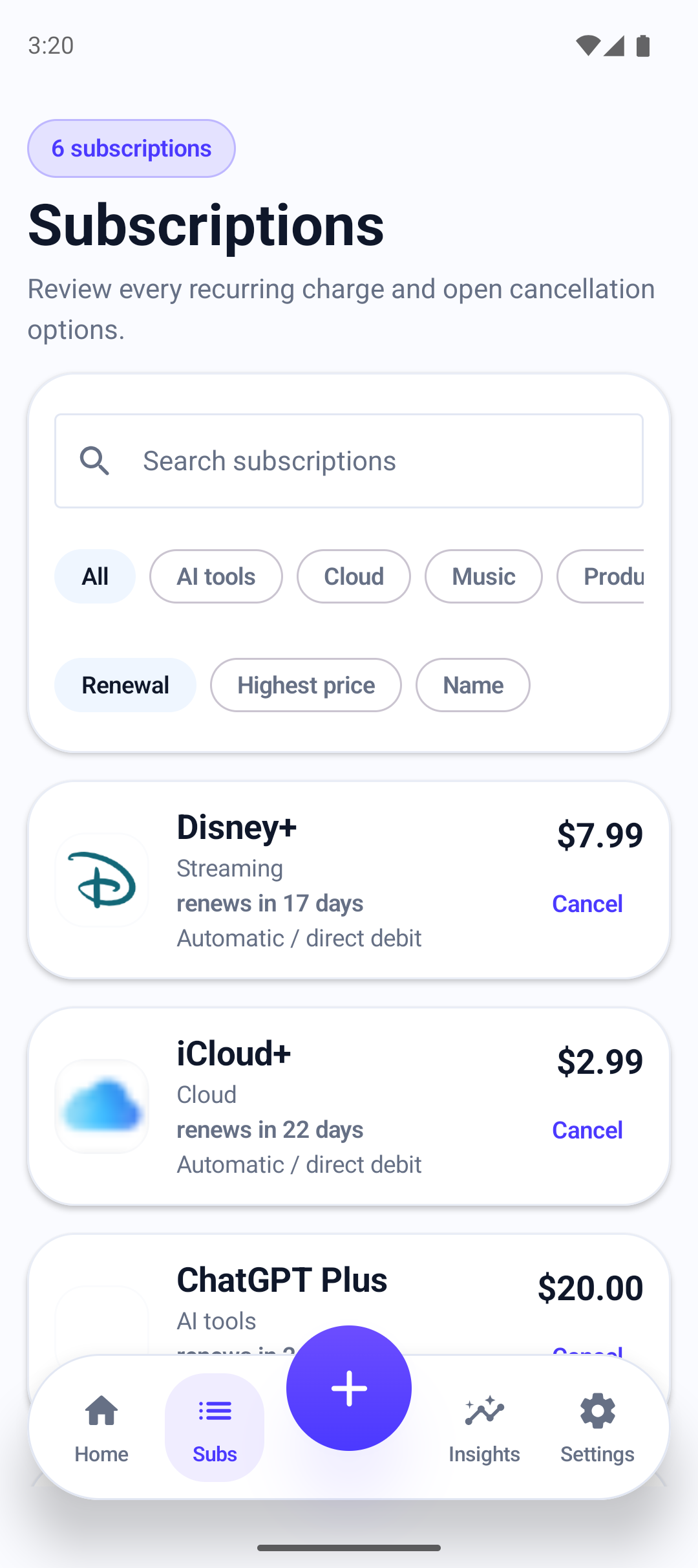 SubTrack subscription list screen in light mode showing current services, filters, prices, and renewal timing